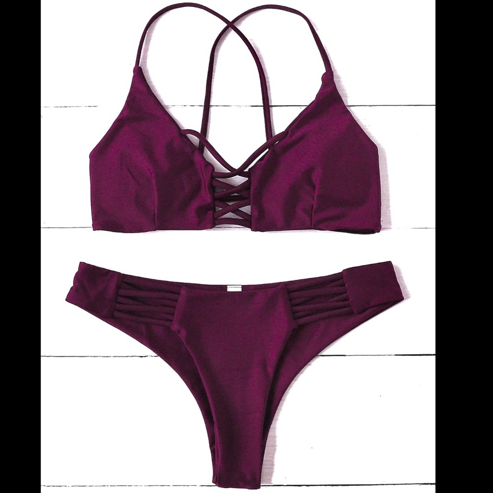 Maroon Halter Criss Cross Bikini set 2Pc Swimsuit
